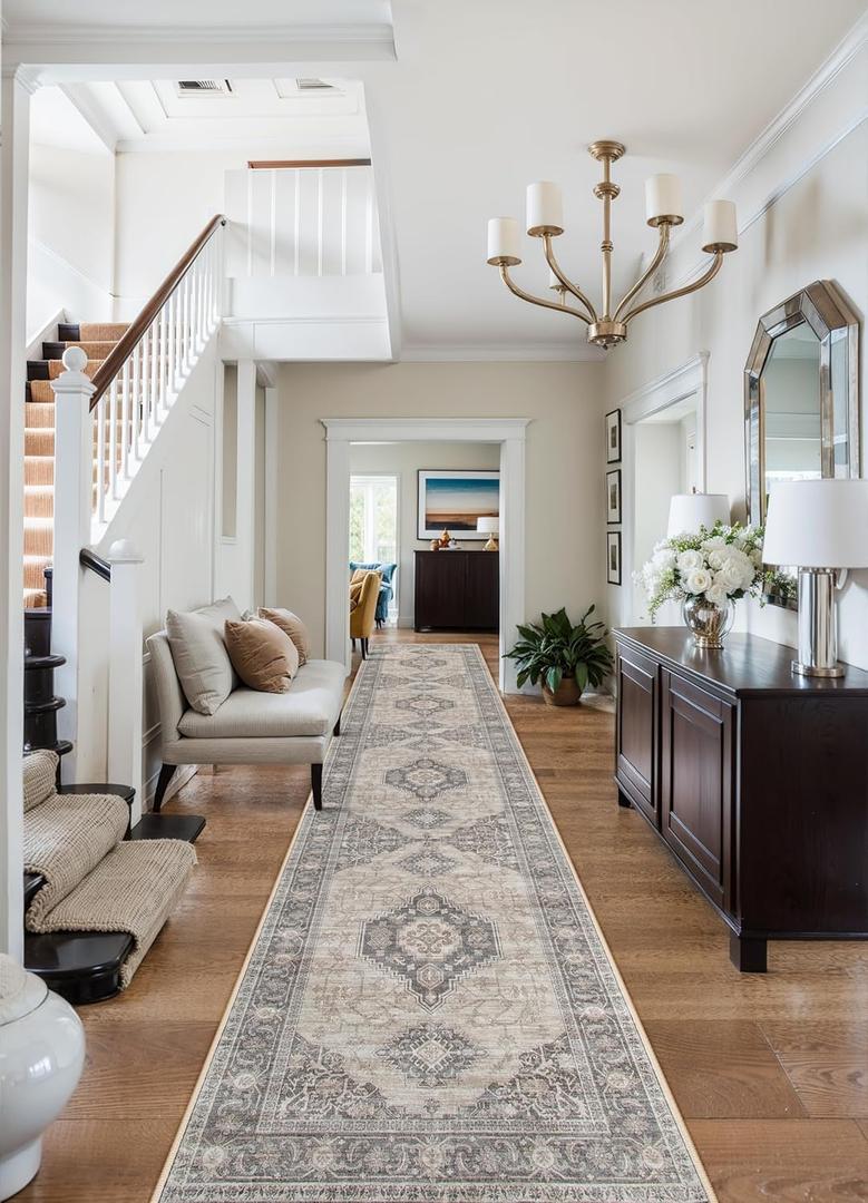 Lahome Oriental Hallway Runner Rug, 2.5x10 Washable Runner Ultra-Thin Hallway Rug for Bedroom Entryway, Soft Long Carpet for Kitchen Bathroom Laundry Room Eleanor, Grey/Brown