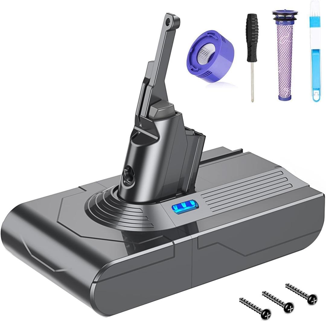 FLYLINKTECH Battery V8 Replacment 6000mAh for V8 Series Vacuum Cleaners V8 Animal Absolute Fluffy SV10 Cord-Free Handheld Vacuum Cleaner with Cleaning Brush+Screwdriver+2*Pack Filters