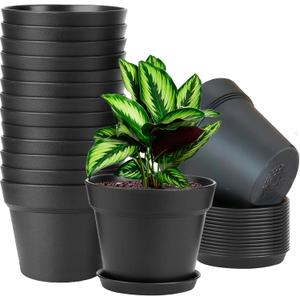 WOUSIWER 16 Pack 6 inch Plastic Planters for Indoor Flower Pots, Heavy Duty and Stylish 6 Inch Plant Pots for Indoor Plants with Drainage Holes and Tray for Plants, Flowers, Black