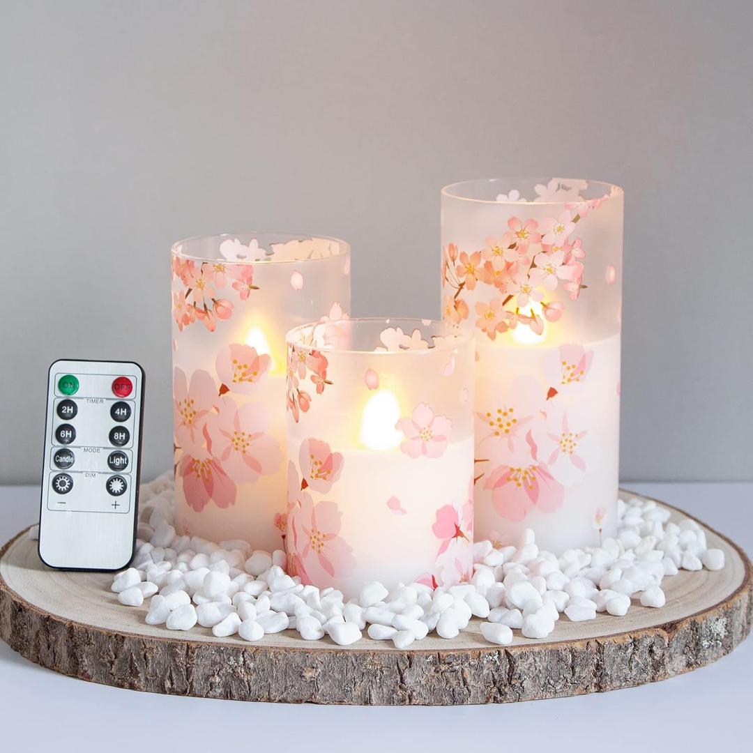 Flameless Flickering Glass Candles with Remote and Timer,Cherry Blossoms LED Battery Operated Real Wax Set of 3 Realistic Wick Electric Pillar Candles,Warm Fire(3 x 4, 5, 6 Inches) (Pink)