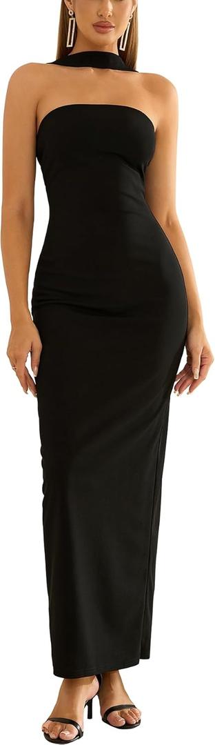 HTZMO Women Elegant Summer Bodycon Maxi Dress Halter Neck Formal Wedding Guest Cocktail Party Long Dresses (Small, Black)