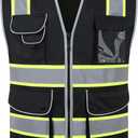 JKSafety 9 Pockets Hi-Vis Black Color Zipper Front Safety Vest Fluorescent Yellow Strips outlining the Reflective Tapes ANSI/ISEA Class 1 (901-Black, Medium)