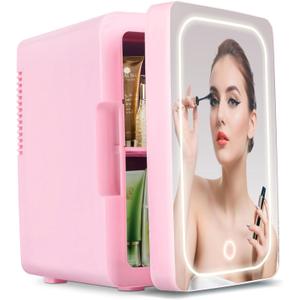 Skincare Fridge with LED Mirror, 6L/8 Cans Mini Fridge for Bedroom, Portable Cooler & Warmer 110V AC/12V DC Compact Small Cosmetic Small Refrigerator for Skin Care, Drinks, Office and Car, Pink