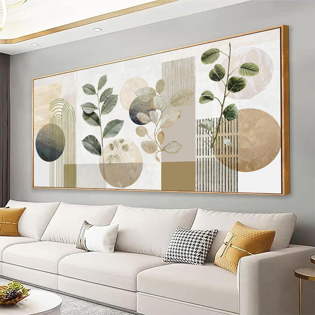 Boho Wall Art Mid Century Canvas Wall Art Decor Set Bohemian Abstract Wall Decor Modern Painting Neutral Botanical Print Picture Living Room Bedroom Office Artwork 24" X 48" With Framed (green white)