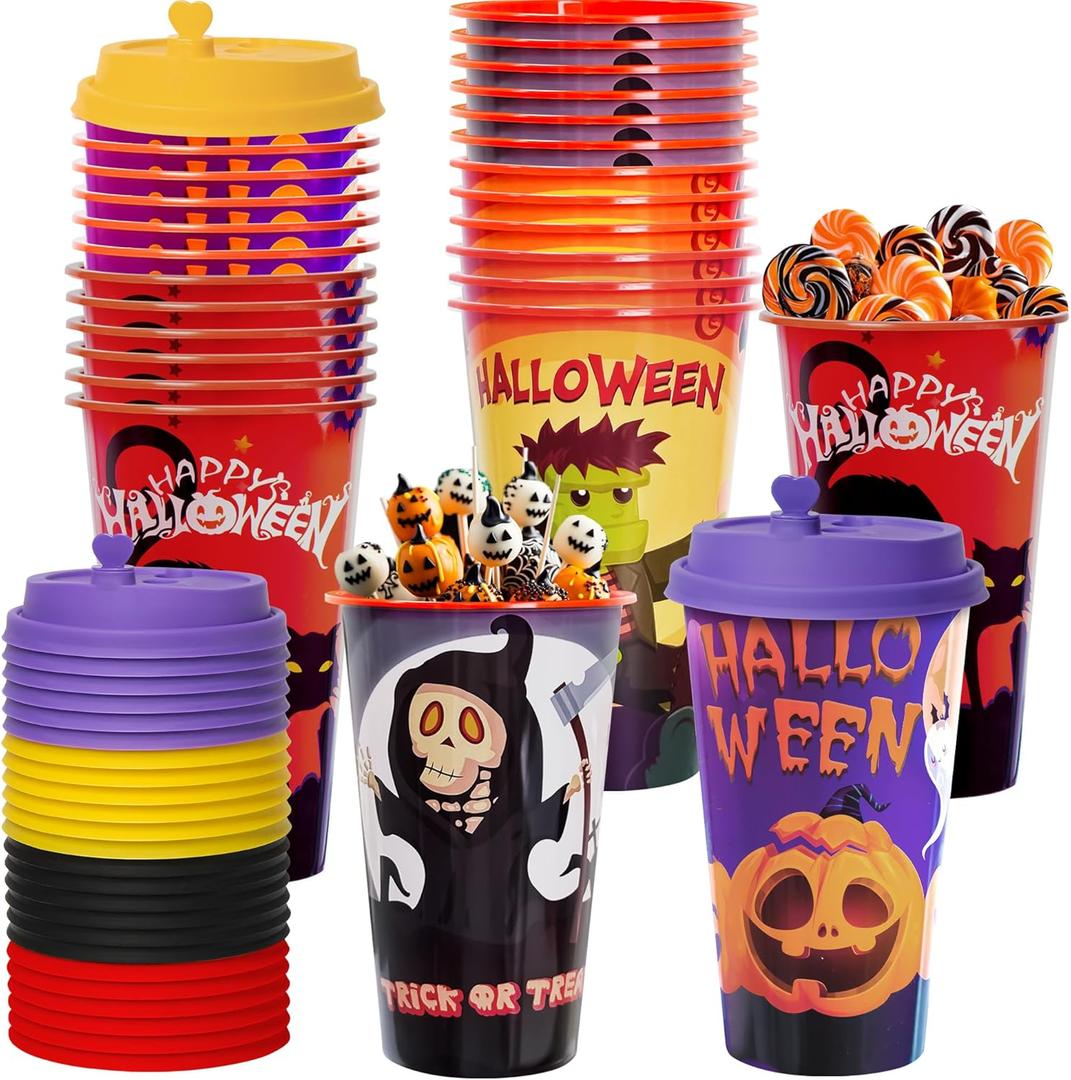 AFZMON 24 Halloween Party Favors Goodie Cups, 16OZ Plastic Halloween Cups With Lids and Plugs for Party Decorations Supplies