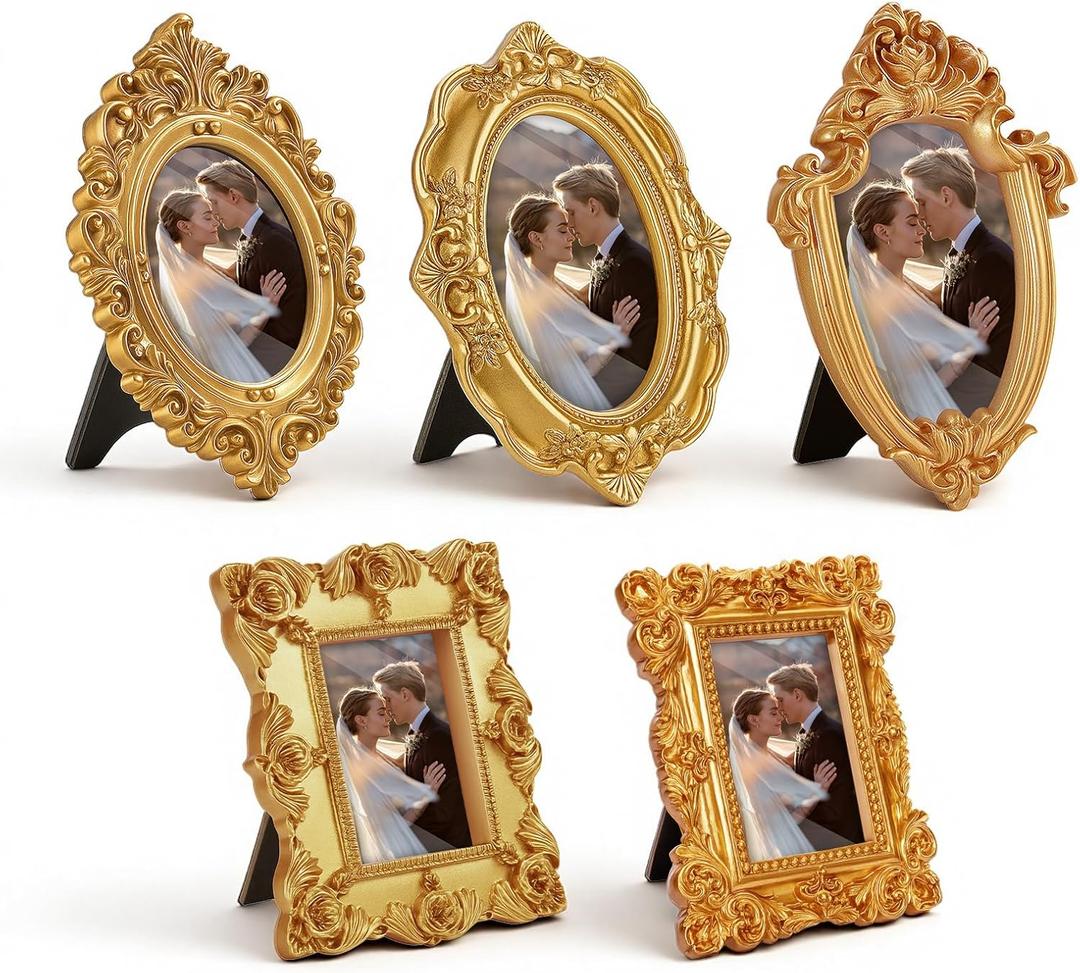 5 Pcs Mini Gold Frames with Backing, Mini Vintage Picture Frame Set Small Baroque Resin Photo Frame for Tabletop, Wall Decor, Bedroom, Living Room (Without Glass)