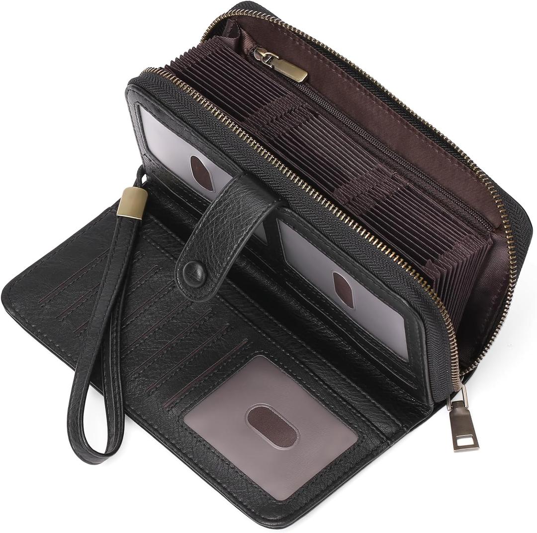 GAEKEAO Leather Credit Card Holder Wallet for Women RFID Blocking Large Capacity Bifold Zipper Card Case Organizer with Wristlet 45 Slots (Black)