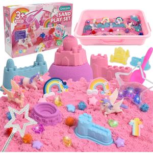 Volmop Unicorn Sensory Bin for Girl, 148pcs Play Sand Art Kit with Sandbox, 3.3lb Color Sand,Unicorn Tactile Sensory Toy for Girl Toddler Ages 3-8 (Pink)
