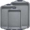 Anveena 3-Piece Nonstick Kitchen Oven Baking Pans - Premium & Stylish Non-Stick Steel, Commercial Grade Restaurant Quality Metal Bakeware with Red Silicone Handles - Easy to Clean gray