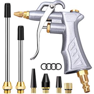 JASTIND Industrial Air Blow Gun with Brass Adjustable Air Flow Nozzle and 2 Steel Extension, Pneumatic Air Compressor Accessory Tool Dust Cleaning and Blower Gun
