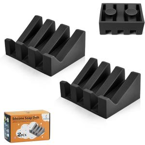 Silicone Soap Dish with Drain, Upgrade Double Suction Cups at The Bottom for Anti-Slip and Stability, Soap Dish Shower Waterfall Bar Soap Holder Tray with Drain Soap Holder (2, Black)