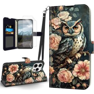 for iPhone 16 Pro Max Flip Cover PU Leather Case, for iPhone 16 Pro Max Owl Floral Magnetic Clasp Phone Wallet with Wristband Card Holder, Kickstand Shockproof Case and Screen Protector