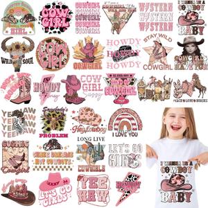 Yuntau 30 Pcs Western Iron On Transfer Patches Iron On Vinyl Decals for Jeans Western DTF Heat Transfer Vinyl Stickers DIY Appliques for Clothing T Shirt Pillow Hat(Cowgirl)