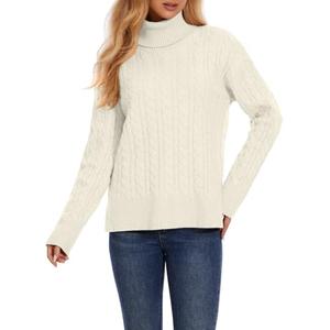 ZANZEA Turtleneck Sweater Women Long Sleeve Oversized Pullover Spilt Hem Chunky Cable Knit Jumper Fall Sweaters 2024 Light Beige X-Large