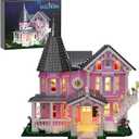 Pink Palace House Building Set with Lights, Halloween Haunted House Blocks Toy, Halloween House Kit for Kids Adults, Compatible with Lego, Christmas for Girls and Boys, Aged 8+ (1349PCS)