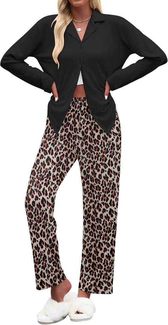 Ekouaer Women's Pajamas Sets Button Down Long Sleeve Lounge Sets Soft 2 Piece Pants Sleepwear (Yellow Black and Brown Leopard, S)