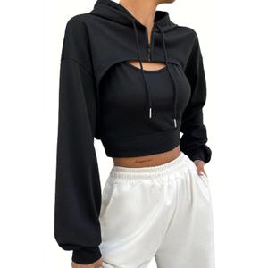 Hilinker Women's Zip Up Long Sleeve Cropped Hoodie Workout Drawstring Super Crop Tops (Large, Black)