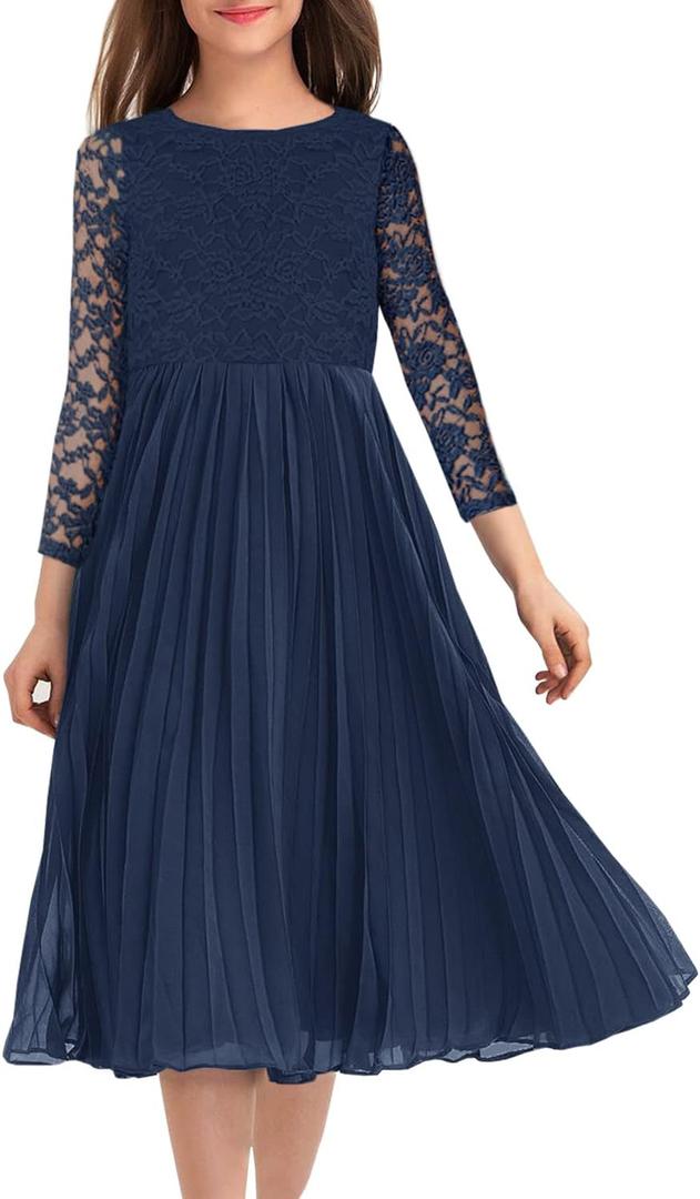 HOSIKA Flower Girl Dress Elegant Vintage Lace 3/4 Sleeve A-Line Pleated Formal Wedding Party Dress (Blue)