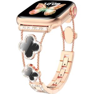 CTYBB Bling Diamond Band Compatible with Apple Watch Bands for Women 40mm 41mm 38mm 42mm Series 11 10 9 8 7 6 5 4 SE 3 2 1, Sparkle Metal Bracelet Wristband, Cute Lucky Clover Dressy iWatch Band, Rose Gold/Black