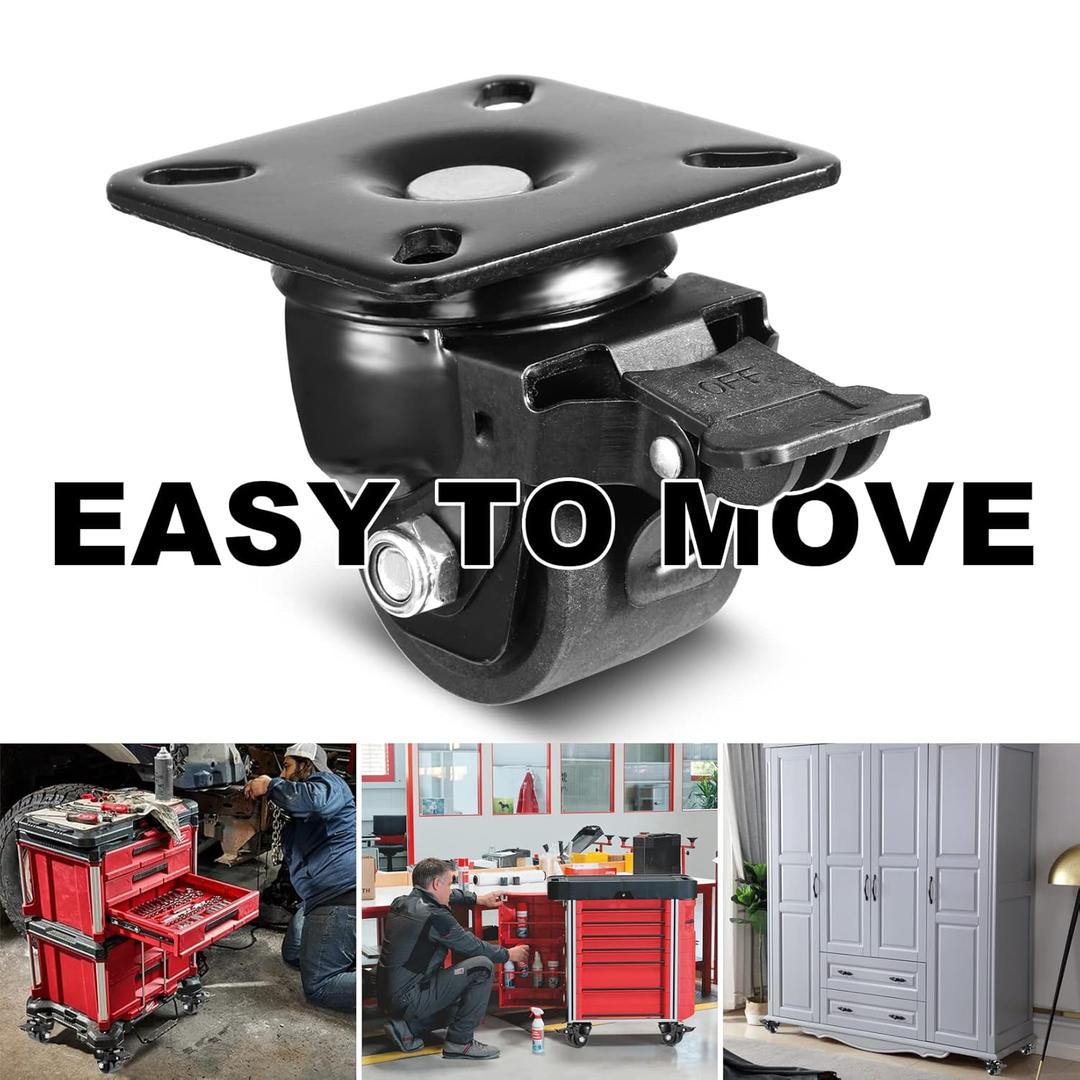 W B D WEIBIDA 2-inch Plate Swivel Caster Wheel Heavy Duty, Load Capacity 2200lbs, Low Gravity Center Black Extra Width Caster with Brake, Durable & Quiet & Sturdy Nylon Wheel for Industrial