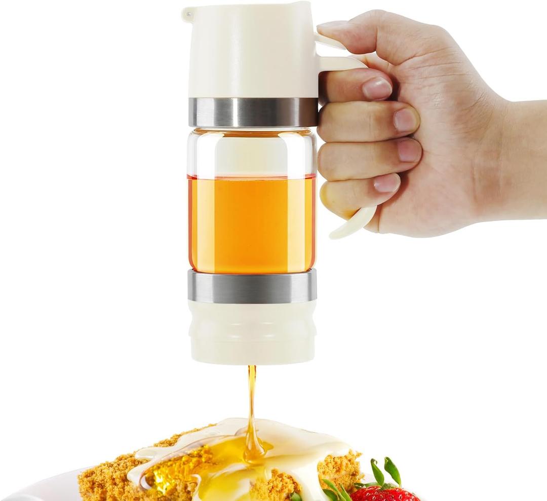 Aelga Honey Dispenser, Honey Dispenser No Drip 9 oz Glass Honey Jar with Handle & Base, Easy Pour Syrup Dispenser, No-Mess for Coffee, Tea, Waffles & Desserts, White