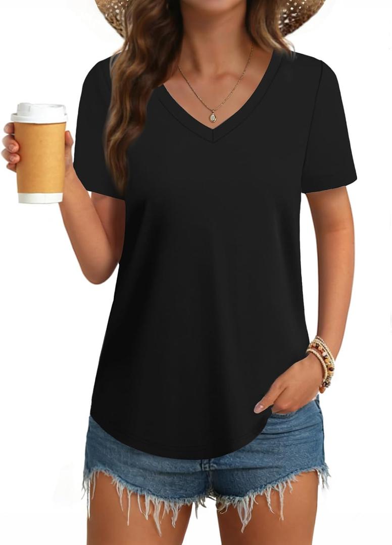 GKBK Womens T Shirts V Neck Short Sleeve Cotton Tops Summer Curved Hem Trendy Basic Tee Shirt (Black, M)