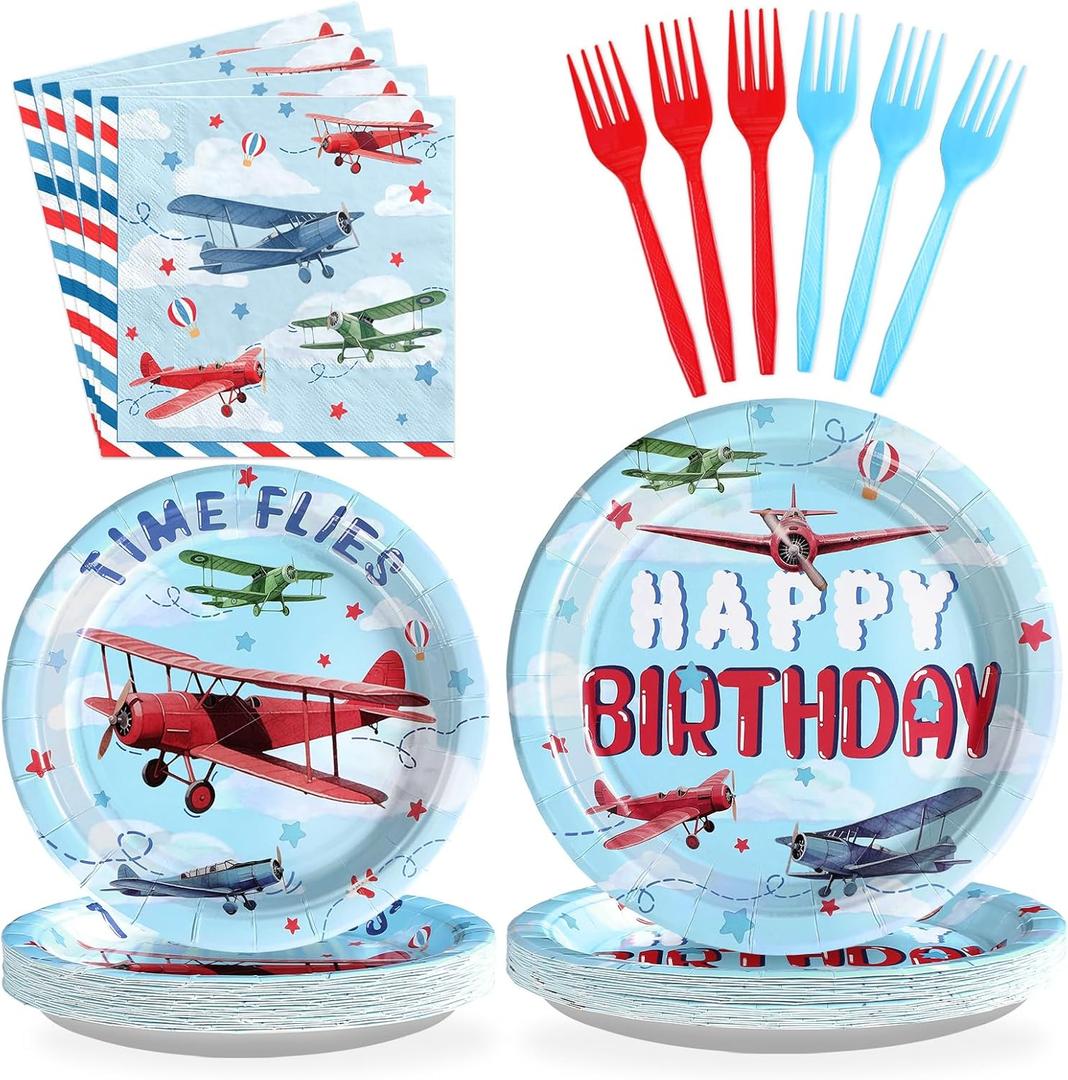96Pcs Airplane Birthday Party Decorations Red & Blue Airplane Aircraft Plates and Napkins Tableware Set How Time Flies Birthday Decorations for Boys Baby Shower Pilot Plane Party Supplies Serve 24