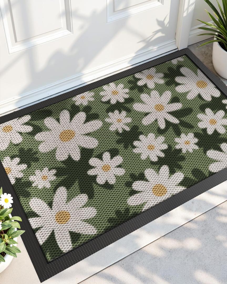 DEXI Front Door Mat Outside Entrance, 23x36 Spring Flower Welcome Doormat, Non Slip Dirt Resist Heavy Duty Entry Mats for Entryway, White and Green