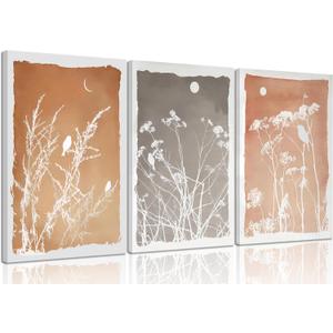 3Pcs Vintage Boho Wildflower Canvas Wall Art Neutral Rustic Floral Bird Painting Picture Wall Decor Farmhouse MinimalistPoster Print Artwork for Living Room Bedroom Study kitchen Home Decoration