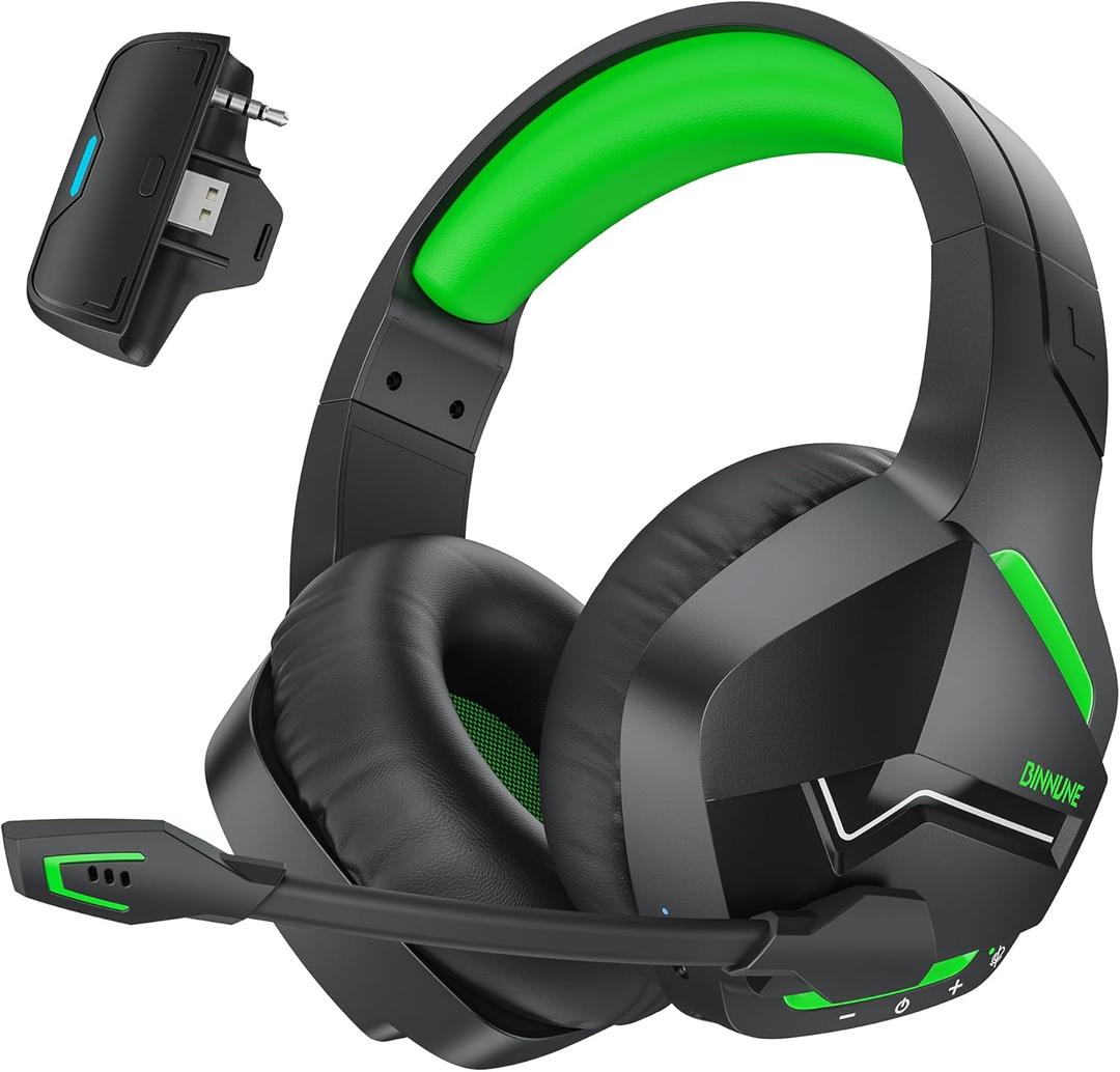 BINNUNE Wireless Gaming Headset for Xbox Series X/S, Xbox One, PS5, 120H Ultra-Long Battery, Bluetooth 5.3 Gaming Headphones with Noise-Canceling Mic, Comfortable Over-Ear Headphones,Green