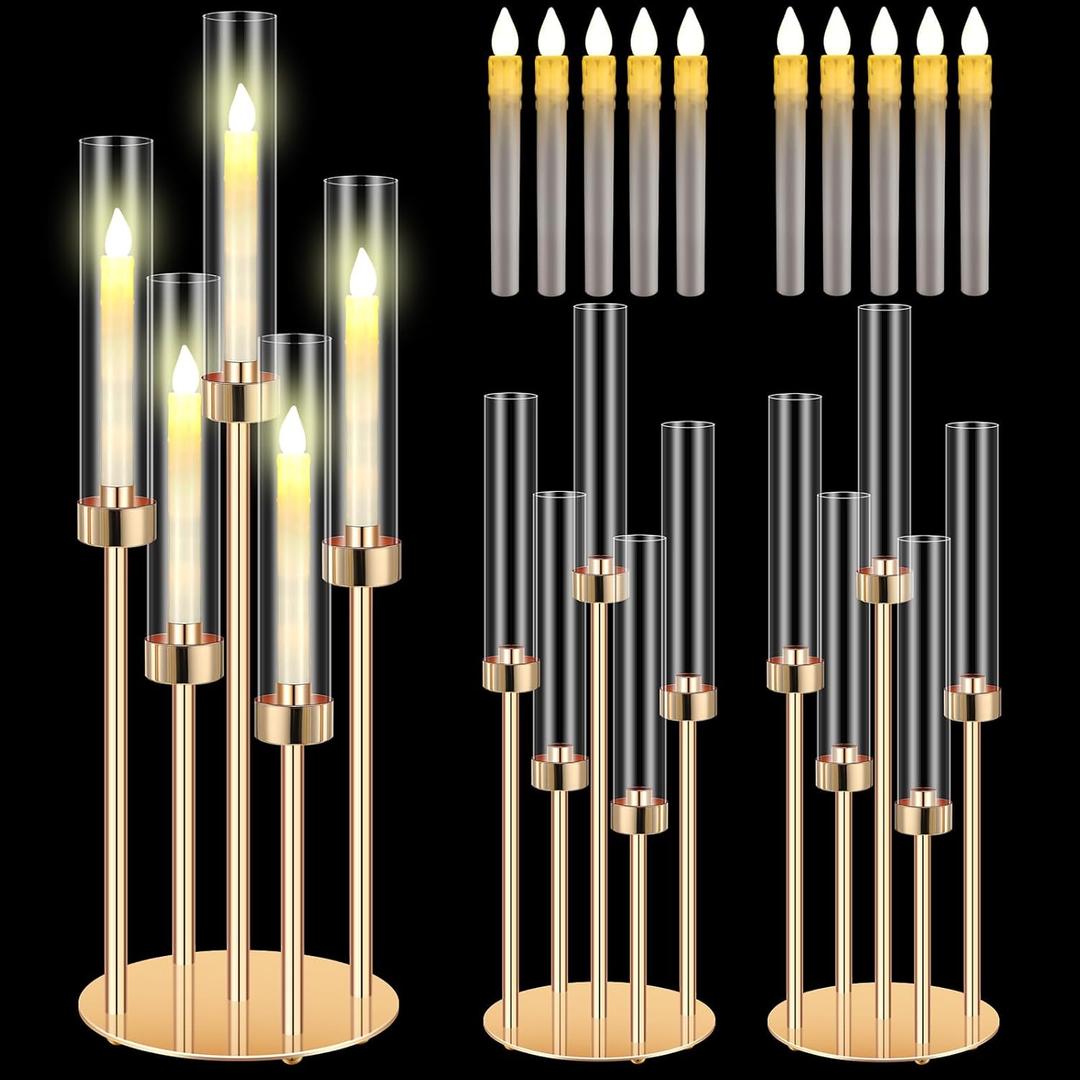 Tandefio 2 Set 5 Arm Gold Candelabra Table Centerpiece with LED Candle 26.8" Tall Wedding Floor Holder Acrylic Candlestick with Lampshade Fit 0.8 for Easter Ceremony Anniversary Dinner Dining Party