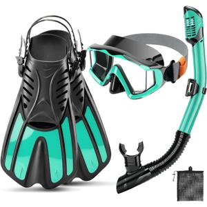 Snorkeling Gear for Kids Adults, 4 in 1 Snorkel Mask Fins Set with 3 Window Snorkel Mask, Dry Top Snorkel, Adjustable Short Fins and Mesh Bag, Anti-Leak & Anti-Fog Snorkel Gear for Snorkeling, Size: 36-41