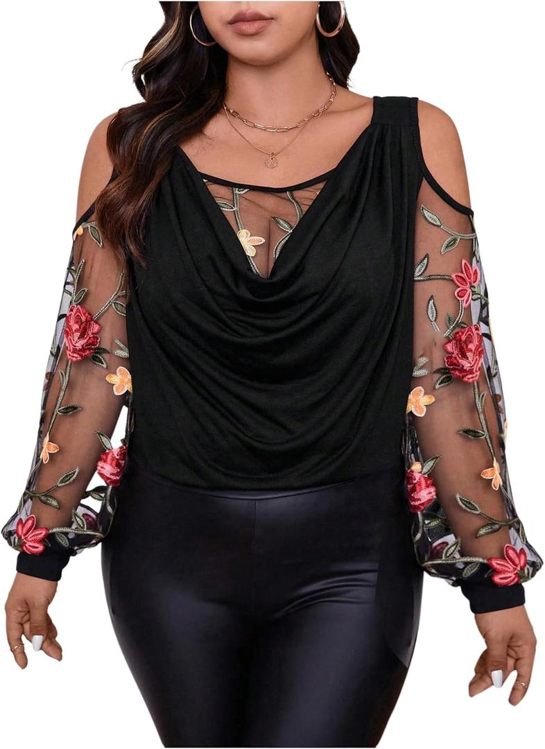 WDIRARA Women's Plus Size Floral Embroidered Tees Sheer Mesh T Shirt Cold Shoulder Long Sleeve Tops (XX-Large Plus, Black)