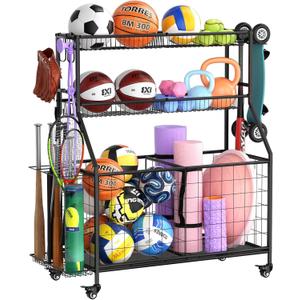 WUC Sports Equipment Organizer - Garage Ball Storage Rack with Basket, Hooks and Rolling Cart for Toy Sports Gear Storage, Black