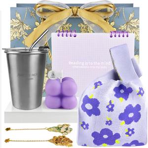 9 Pcs Book Lover Gifts- Stainless Steel Water Cup Tote Bag Notebook Bookmarks etc Suitable Gifts for book lover women Book Clubs Library Lover Bookworms Book Gift Birthday(Purple)