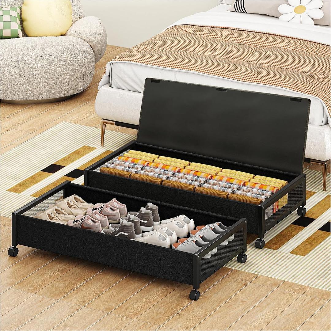 Fokyfok 2 Pack Under the Bed Storage Containers, 36 inch Long Underbed Storage with Wheels, 7.3 inch Height Under Bed Shoe Storage, Large Rolling under bed Clothes Storage Drawers with Lid for Dorm, Black Fokyfok 2 Pack Under the Bed Storage Containers, 36 inch Long Underbed Storage with Wheels, 7.3 inch Height Under Bed Shoe Storage, Large Rolling under bed Clothes Storage Drawers with Lid for Dorm, Black