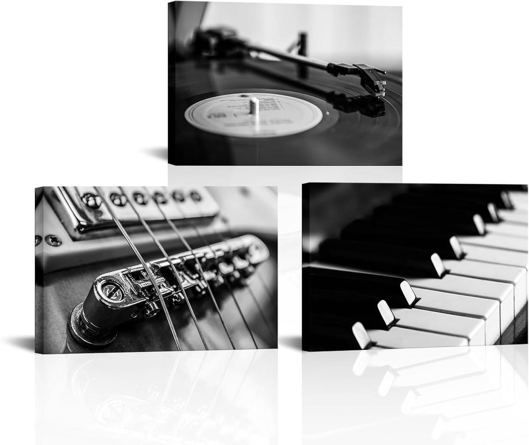 AoArtWZ Music Canvas Wall Art Guitar Piano Vinyl Record Picture Prints Black and White Instrument Poster Artwork for Home Living Room Bedroom Modern Decor Framed (16" x 24" x 3Pcs)