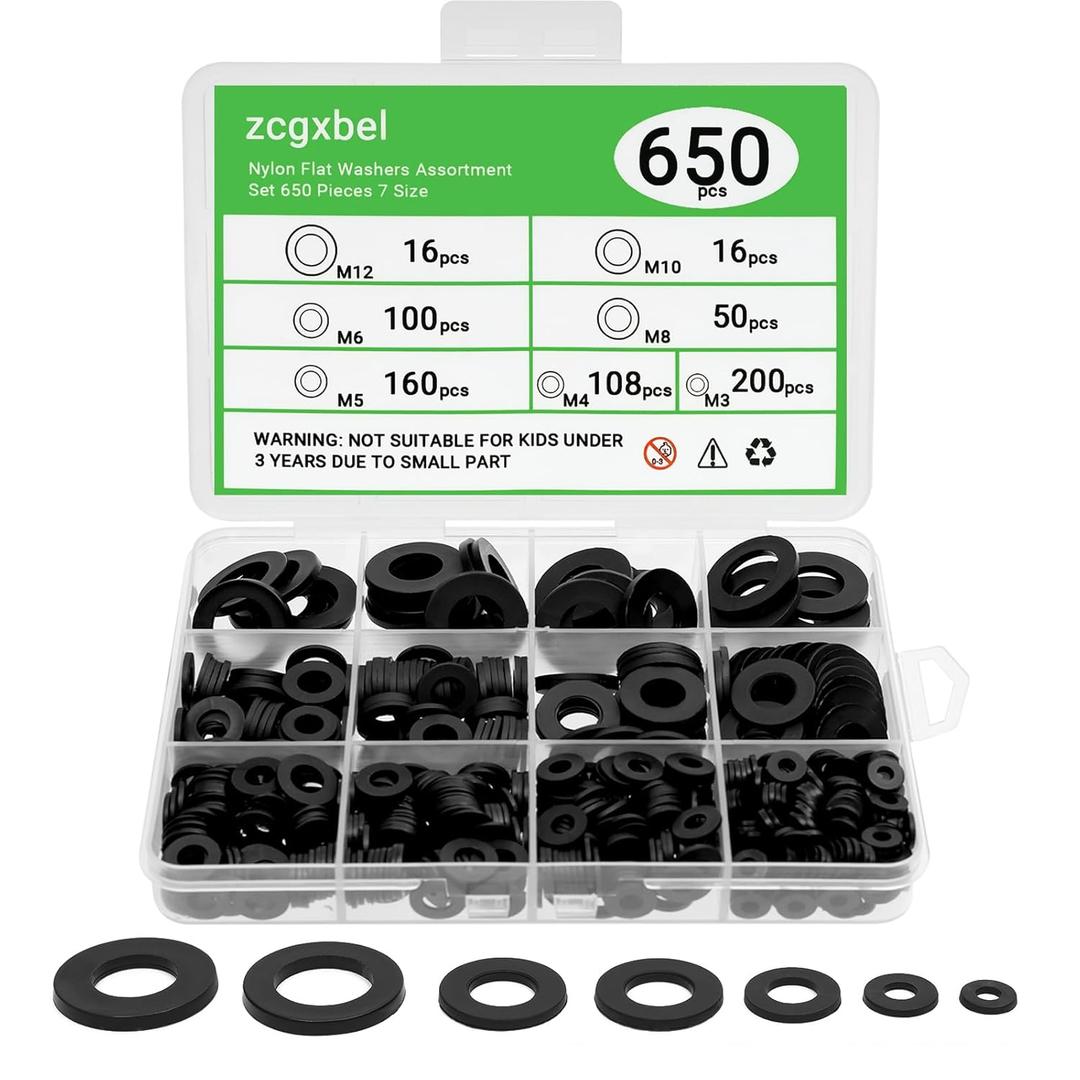 650-Pieces Nylon Flat Washer for Screws Bolts, 7 Sizes Black Plastic Washers Assortment Kit (M3-M12), Assorted Screw Washers Washer Set for Household & Commercial