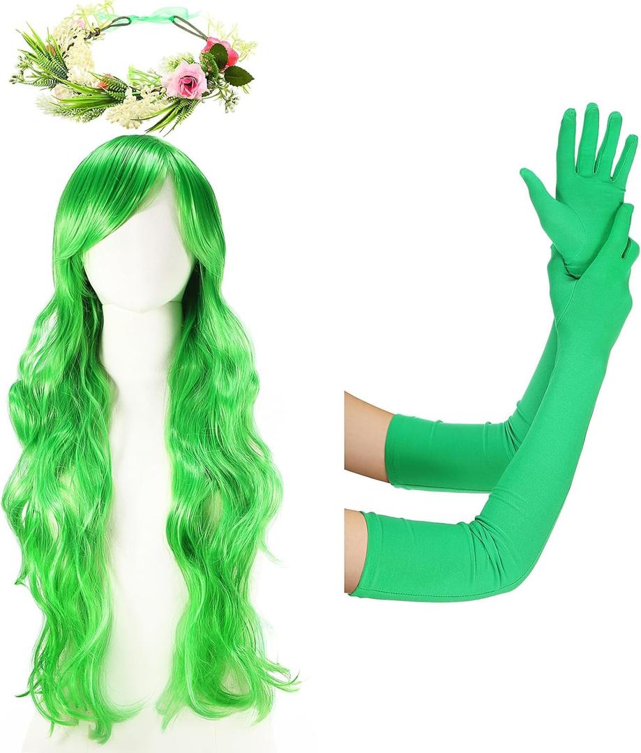 Halloween Cosplay Costume Set for Woman - 31 Inch Green Wig Side Bangs Wigs Flower Crown Headband Long Gloves