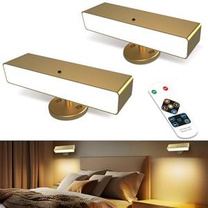 Battery Powered Wall Sconce Lights Set of Two: Gold Rechargeable Wall Lights with Remote, Wireless LED Wall Mounted Lights, 360° Rotation Magnetic Cordless Scone Lighting for Bedroom Living Room
