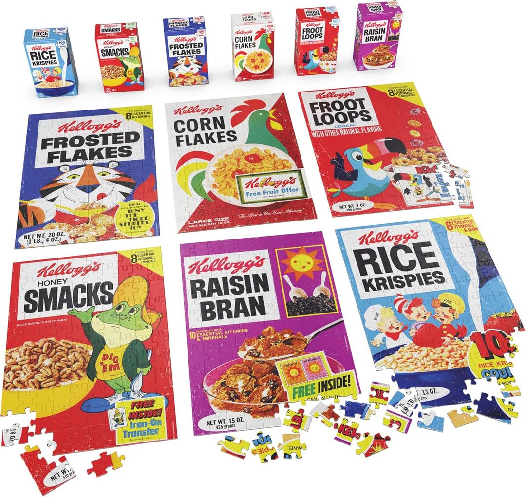 Spin Master Games, Kellogg's Cereal 100-Piece Puzzles 6-Pack, Square Cereal Boxes Puzzle Gift Set, Froot Loops, Rice Krispies, Raisin Bran, Corn Flakes, Frosted Flakes, Honey Smacks for Ages 4 & Up (Multi)