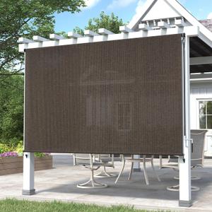 DIFY 8 * 8FT Outdoor Roller Shade, Cordless Patio Roller Up Blinds for Yard Deck Porch, Wand Crank Operation, Mocha