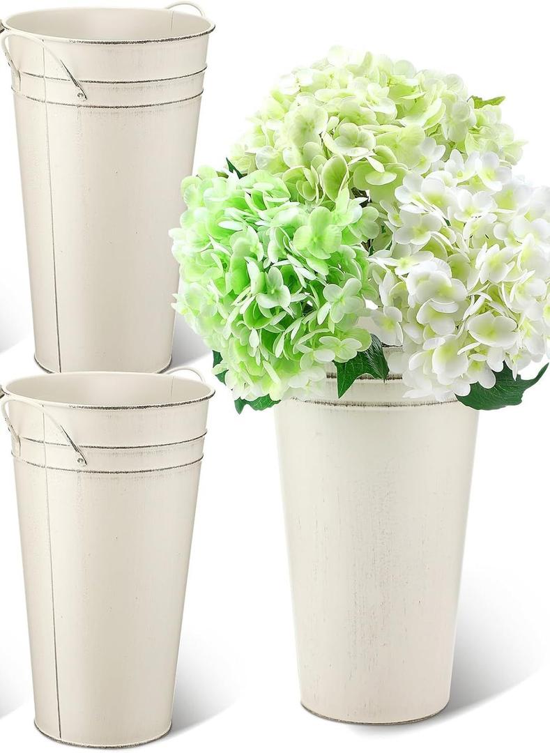 Irenare 12 Inch Vintage Galvanized Flower Bucket Metal Flower Vase Farmhouse French Bucket Planter Metal Floral Container for Party Table Centerpiece Weddings Home(White, 2 Pcs)