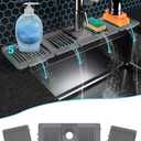 Spliced Sink Splash Guard-Silicone draining mat for Kitchen Sink-Faucet Drain pad with 2 Sponge Holder and Dish soap Tray-Rubber Handle drip Catcher Protector Accessories Behind Faucet (Gray)