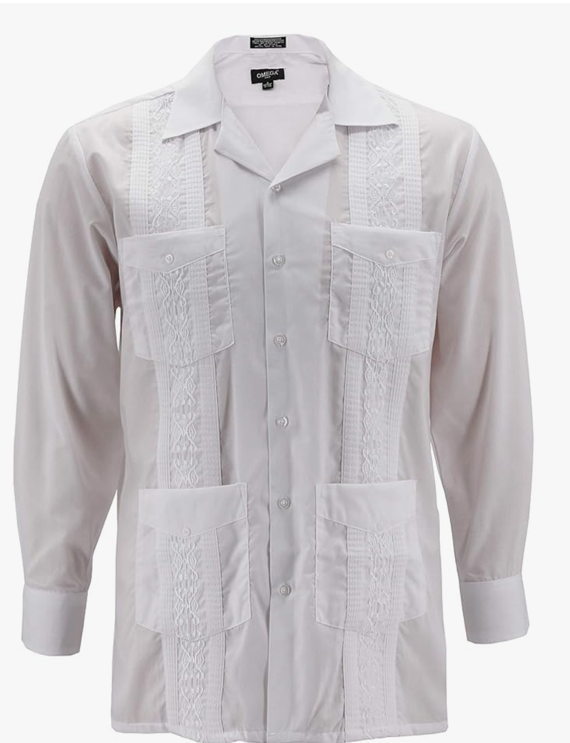 Men's Guayabera Long Sleeve Button Up Cuban Beach Casual Embroidered Dress Shirt, Large