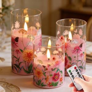 Pink Floral Glass Flameless Pillar Candles with Remote, Flickering Spring LED Battery Candles Home Decor Set of 3