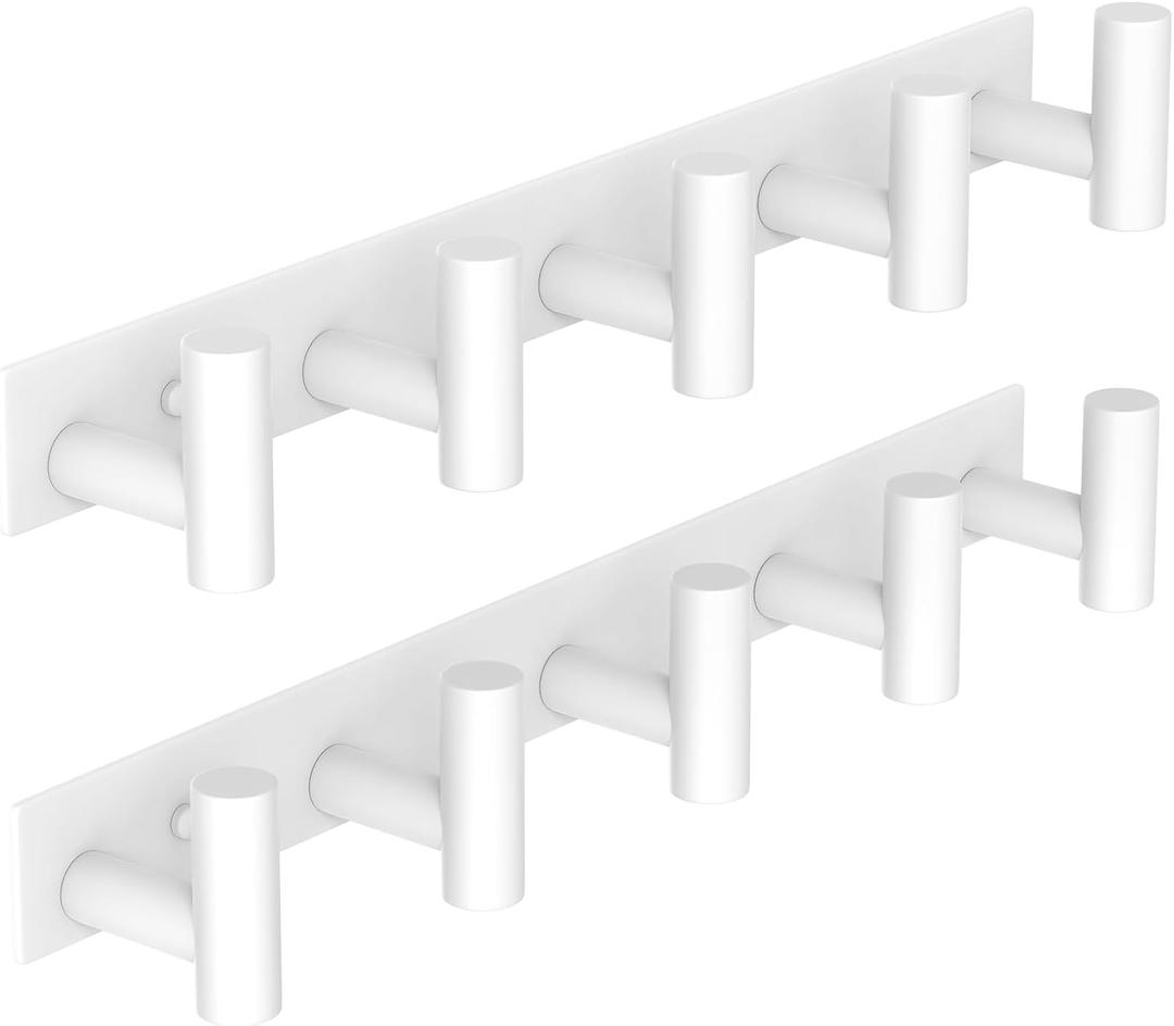 VAEHOLD Hat and Coat Wall Mount Rack - Hooks for Robes, Bags, Keys, and Towels - Bathroom Towel Hanger Organizer (White, T Shape 5 Hooks 2 Pack)