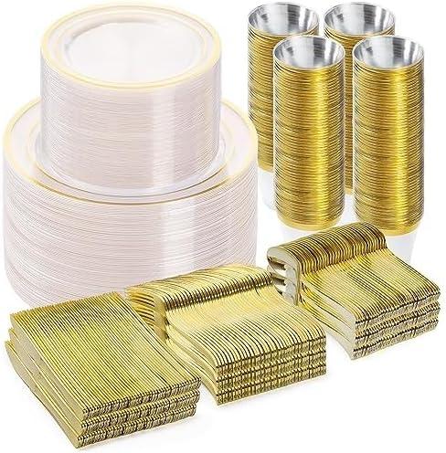 BESTVIP 600PCS Clear Gold Dinnerware Set for 100 Guests, Plastic Plates for Party, Christmas and New Year, 100 Disposable Plates, 100 Dessert Plates, 100 Cups, 100 Spoons, 100 Forks and 100 Knives