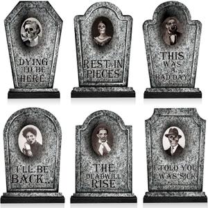 6 Pcs Halloween Graveyard Tombstones Centerpieces with 6 Pcs Scary 3D Changing Face Moving Picture Frame, Rip Gravestone Wooden Table Decoration Halloween Party Home Accessories (Marble)