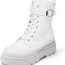 DREAM PAIRS Women's Combat Platform Boots Lace Up Lug Sole Buckle Ankle Booties Shoes (7.5, White)